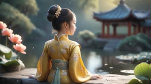 A serene moonlit scene: a Chinese girl in a majestic golden Hanfu dress, her silhouette subtly visible against the silvery glow. Amidst the tranquil atmosphere of an ancient Chinese garden, a majestic pavilion rises behind lush lotus blooms, reflecting off the calm pond's surface. Several koi fish swim lazily, as fairies flit about, adding whimsy to this enchanting setting.