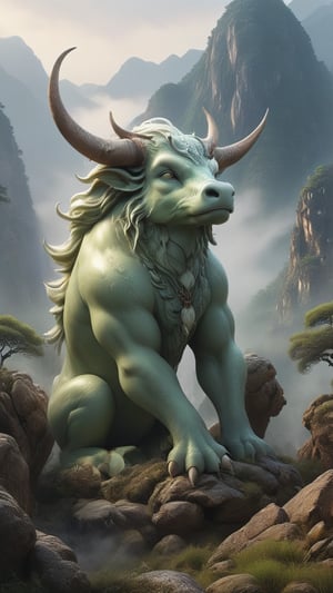 The picture starts in a 10cm white frame. have,

A towering, massive primordial giant, body pale as ancient jade, with a pair of huge bovine horns jutting from his brow. His deep gaze filled with primal power and wisdom, emanating a mysterious, solemn aura reminiscent of ancient Chinese scrolls. Focus on sculpting his rugged, weathered features and his imposing, monumental presence amidst a backdrop of layered mountains shrouded in mist, capturing the essence of classical Chinese landscape painting.