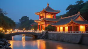 Flowing River: Night Tranquility with Traditional Chinese Architecture