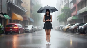 A young Taiwanese girl with a slender physique stands alone on a drizzly city street, her slender figure and white shoes standing out against the gray backdrop. The rain creates a misty veil around her, accentuating her petite frame as she gazes down at the wet pavement.