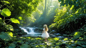 Macro photography scene, The tiny elf standing at the edge of a sparkling brook in the forest. Her long, flowing blonde hair and green dress made of leaves and petals are beautifully illuminated by the sunlight. The brook is surrounded by vibrant flowers and greenery, creating a serene and magical atmosphere. Using macro photography and tilt-shift photography, captured in intricate detail through macro photography. super high quality, 8k. Negative prompt: blur, unclear, low resolution, monochrome.