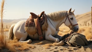 /create prompt: A weary traveler, dressed in dusty, tattered clothes, rests beside his horse on a desolate path. The reins hang loosely, and the traveler's saddle is covered in dust and dirt. In the background, tall reeds sway in the wind, and the traveler looks into the distance, lost in thought. 