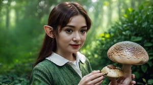 Macro photography scene. The same tiny elf now kneels beside a glowing mushroom, her delicate hands gently touching its cap. Her green dress shimmers in the soft light, and her auburn hair falls gracefully around her face. Her eyes are wide with wonder and concentration as she inspects the mushroom closely. The forest background is blurred, focusing on the elf and the mushroom. The camera captures this from a close-up, using macro and tilt-shift photography to emphasize the intricate details of her clothing, the mushroom's texture, and her expressions. Super high quality, 8k.,better_hands,Masterpiece,dragon