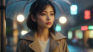 A close-up shot of a Taiwanese girl standing alone under the rain-soaked awning of a city street. Her slender figure is illuminated by the soft glow of nearby streetlights, casting a warm ambiance on her white sneakers and soaking through to her legs. She stands with her knees slightly bent, her hands tucked into the pockets of her coat, as if embracing the unexpected downpour. The rain pours down around her, creating a misty veil that obscures the surrounding buildings, leaving only the girl's delicate features visible.