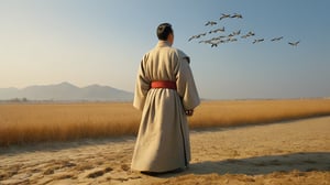 In the open sky, flocks of geese fly in formation, heading south for the winter. Below, a solitary figure stands on a sandy plain, watching the geese with longing. The figure is clad in a long Han dynasty robe, their silhouette stark against the vast sky. HD