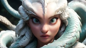 White Snake's transformation scene. Female character in white, morphing into a serpent. Close-up shot. Her eyes glow with supernatural power as scales emerge. 