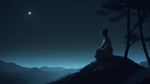 /create prompt: Among the short pine hills of the Song Dynasty, a figure sits, their silhouette highlighted against the moonlit sky, lost in heartbreak. -negative-prompt: joyful, uplifting -camera pan down -fps 24 -gs 16 -motion 1 style: 3D Animation aspect-ratio: 16:9

