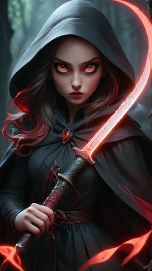 Dressed in a black cloak, her face shrouded in darkness, with deep red glowing eyes. She carries a bone knife.
Style: Dark and ruthless, with agile movements and an ominous presence.
Background: Nocturnal Wraith is the emissary of the night, navigating through darkness to maintain the balance between the living and the dead.
Keywords:
Shadowy: Dark, obscure, hidden.
Eerie: Uncanny, creepy, spooky.
Mournful: Sorrowful, grieving, lamenting.