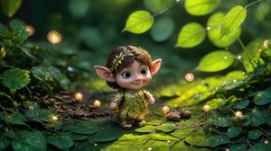 Macro photography scene. A tiny elf with delicate features, approximately 10 years old, stands in an enchanted forest during the morning. She wears a shimmering green dress adorned with intricate gold embroidery and tiny leaf-shaped accessories. Her long, flowing auburn hair cascades down her back. The forest is alive with magical elements: glowing mushrooms, sparkling dewdrops on spider webs, and tiny fireflies. The elf's expression is serene, with a slight smile as she gazes around protectively. The camera captures her from a long shot, using macro and tilt-shift photography to highlight the delicate details of the scene. Super high quality, 8k.
