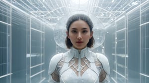 Beyond the veil of memories, the protagonist navigates through a fantastical world with floating translucent grids. Each grid reflects a fragment of memory, as the protagonist wears a white tech suit with magnetic field sensors, eyes gleaming with the search for love.