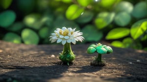 Macro photography scene. A tiny elf with delicate features standing in a forest with morning sunlight filtering through the canopy, wearing a green dress with intricate gold embroidery, surrounded by oversized mushrooms and flowers. The camera captures the entire scene from a distance, showing the elf’s small stature compared to the large flora. Using macro photography and tilt-shift photography, captured in intricate detail through macro photography. Super high quality, 8k. Negative prompt: blur, unclear, complex.