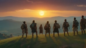 /create prompt: The entire expedition team stands on a hilltop, overlooking their adventure journey against a sunset-painted sky and distant ancient ruins, captured in a wide shot. -neg a dark sky -camera pan left -fps 24 -gs 16 -motion 1 -style: HD movies -ar 16:9
