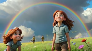 and her companions arrive at a vast meadow where a beautiful rainbow arches across the sky. They look up at the rainbow with relieved smiles, as flowers sway in the breeze and light bathes the landscape. -neg stormy or barren field -camera pan up -fps 24 -gs 16 -motion 1 -Consistency with the text: 22 -style: HD movies -ar 16:9