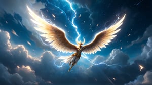 In the boundless sky, the protagonist soars with wings of light adorned with mysterious runes, gliding above the sea of memories. Fragments of love and past scenes appear in the clouds, fleeting and brilliant like lightning, with stars and cosmic whirlpools in the background.