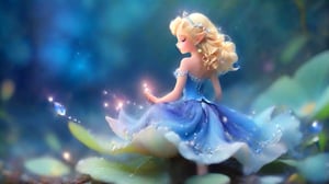 a magical forest, a miniature 12-year-old girl with cascading blond curls is captured in a tilt-shift macro shot. Standing full-length at the center of a delicate dewdrop on a flower petal, wearing a shimmering sapphire-blue gown adorned with silver embroidery and tiny, sparkling crystals. The gown has a sweetheart neckline, intricate lace patterns on the bodice and sleeves, and a flowing skirt pooling gracefully around tiny feet. Delicate hands, with finely detailed fingers, hold a glowing lotus emitting a soft blue light. Fair skin glows with a subtle golden hue, and striking deep blue eyes reflect the light. A tiny crystal tiara rests upon her head, catching the light. Feet clad in silver slippers adorned with minute crystal details, complementing the ethereal appearance. The blurred background features oversized, dew-covered flowers and vibrant butterflies, highlighting the magical microcosm.