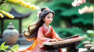 /create prompt: Macro tilt-shift photography, A miniature, An ancient Chinese woman in a flowing peach-red dress with long, flowing hair sits on a stone bench in a palace garden, gently playing the guzheng. Her expression is focused and gentle. The garden is filled with blooming flowers and lush green trees, with a grand palace in the background. Morning sunlight filters through the leaves, softly illuminating her. captured in intricate detail through macro photography. super high quality, 8k, negative prompt: blur, unclear, modern elements. -camera zoom in -fps 24 -gs 16 -motion 2 -style: HD movie -ar 16:9 seed:1234567899
