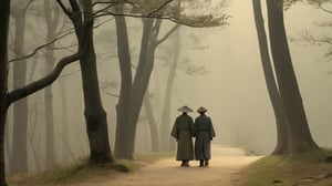 A couple strolling hand in hand along a peaceful forest path in ancient China's Song Dynasty. 