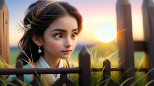 Macro tilt-shift photography, A miniature, An old wooden gate partially closed at sunset, with soft light illuminating the surrounding spring grass. A young woman, approximately 20 years old, in traditional attire, gently closing the gate. Her expression is thoughtful, with a hint of sadness as she looks back towards the setting sun. Super high quality, 8k. Negative prompt: blur, unclear, modern.