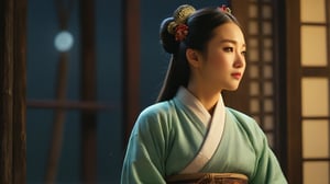 a woman dressed in traditional Song Dynasty attire gazing out of a window at the moonlit night