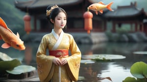 A Chinese girl is wearing a golden Hanfu dress, and her figure is vaguely visible. China is ancient. Moon, pavilion, lotus and pond. Several koi fish, fairies