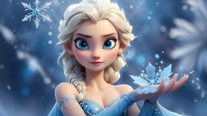 Elsa, resembling "Frozen," captured in macro detail with tilt-shift photography. Her intricate gown, shimmering with ice-blue hues and adorned with delicate snowflake patterns, flows gracefully. Her hands hold a glowing snowflake emitting a soft icy light. The scene features oversized, shimmering ice crystals and snowflakes in a blurred, magical background.