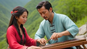 A woman and a man playing the guzheng in the mountains