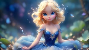 a magical forest, a miniature young woman with cascading blond curls is captured in a tilt-shift macro shot. Standing full-length at the center of a delicate dewdrop on a flower petal, wearing a shimmering sapphire-blue gown adorned with silver embroidery and tiny, sparkling crystals. The gown has a sweetheart neckline, intricate lace patterns on the bodice and sleeves, and a flowing skirt pooling gracefully around tiny feet. Delicate hands, with finely detailed fingers, hold a glowing lotus emitting a soft blue light. Fair skin glows with a subtle golden hue, and striking deep blue eyes reflect the light. A tiny crystal tiara rests upon her head, catching the light. Feet clad in silver slippers adorned with minute crystal details, complementing the ethereal appearance. The blurred background features oversized, dew-covered flowers and vibrant butterflies, highlighting the magical microcosm.