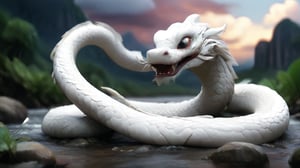 /create Prompt: Distant view of White Snake and Fa Hai in confrontation. White Snake and Fa Hai facing off on opposite sides of a river. Wide shot. Dramatic clouds gather overhead as the tension mounts between them. -camera pan right -fps 24 -gs 16 -motion 1 -Consistency with the text: 20 -style: 3D Animation -ar 16:9