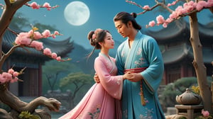  In an ancient Chinese garden, two lovers dance gracefully in the moonlight. The man wears a blue long robe from the Han dynasty with a jade belt, and the woman wears a pink dress embroidered with floral and bird patterns, with a gold hairpin and pearl earrings. The surrounding flowers and trees sway gently in the breeze, and their dance in the moonlight is especially enchanting.
    - Keywords: ancient garden, lovers, blue long robe, jade belt, pink dress, gold hairpin, pearl earrings, flowers and trees, enchanting dance, Han dynasty
