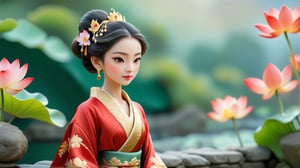 Macro tilt-shift photography, A miniature, An elegantly dressed noblewoman, approximately 18 years old, stands on a stone bridge in the palace garden. Her intricate silk robe in shades of red and gold flows down to her ankles, and her hair is styled in a traditional updo adorned with delicate jade hairpins. Her gaze is serene as she admires the blooming lotus flowers in the pond below. The detailed embroidery on her robe and the serene expression on her face are captured in intricate detail through macro photography. Super high quality, 8k. Negative prompt: blur, unclear, monochrome.