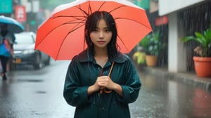 A Taiwanese girl stands in the rain on a rainy street,full body