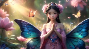A whimsical scene unfolds in a lush forest, where a serene ancient Chinese girl stands amidst a tapestry of verdant trees and vibrant wildflowers. Her ethereal pink Han Dynasty dress glows softly under the warm sunlight, as a pair of dazzling butterfly wings - adorned with glittering scales - hover gently around her, their delicate features shimmering like stardust. A mesmerizing swarm of small butterflies flit about, their iridescent wings reflecting hues of sapphire and amethyst, while a few stray flowers bloom at her feet, as if trying to match the magic unfolding above.