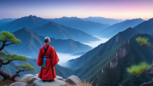 Macro tilt-shift photography, A miniature, The scene shows a middle-aged man in traditional Chinese scholar robes standing on a mountain peak, looking out over a vast landscape under a twilight sky. His expression is somber, with tears in his eyes. The background features rolling mountains and a boundless sky, symbolizing the vastness of the heavens and the earth. The scene is enriched with traditional Chinese elements such as pine trees and misty mountains, enhancing the poetic atmosphere.