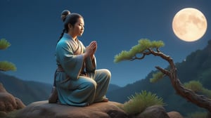  /create prompt: In the midst of China's Song Dynasty pine hills, a figure kneels, hands clasped in anguish, their sorrow magnified by the moonlit sky. -negative-prompt: joyful, uplifting -camera zoom in -fps 24 -gs 16 -motion 1 style: 3D Animation aspect-ratio: 16:9