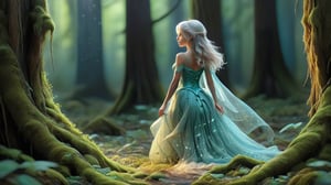 In the heart of an ancient, enchanted forest, bioluminescent moss drapes the towering trees. The camera captures a wide shot of a hollow tree trunk. An ethereal glow intensifies within, and the spirit emerges—a delicate figure with dragonfly-like wings. Her translucent skin glimmers in the twilight, and her silver hair catches the light. She wears a gown of intricately woven spider silk, shimmering with dew. Her large, almond-shaped eyes reflect curiosity and wonder as she steps out cautiously.
