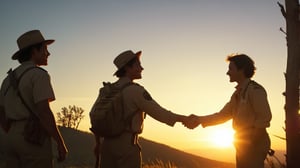/create prompt: The explorers shake hands under the setting sun, expressing gratitude and teamwork spirit, captured in a medium shot. -neg a disappointed team -camera pan right -fps 24 -gs 16 -motion 1 -style: HD movies -ar 16:9
