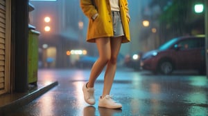 A close-up shot of a Taiwanese girl standing alone under the rain-soaked awning of a city street. Her slender figure is illuminated by the soft glow of nearby streetlights, casting a warm ambiance on her white sneakers and soaking through to her legs. She stands with her knees slightly bent, her hands tucked into the pockets of her coat, as if embracing the unexpected downpour. The rain pours down around her, creating a misty veil that obscures the surrounding buildings, leaving only the girl's delicate features visible.