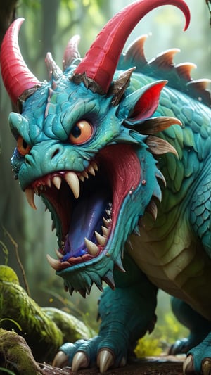 A massive blue-green scaled monster with two horns on its head. Its eyes glow red as it opens its gaping maw.