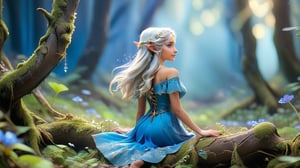 In the heart of an ancient forest bathed in the soft, early morning light, a panoramic view unfolds, revealing a gathering of mythical beings. Elves of various ages and appearances populate the scene, their features reflecting both youth and wisdom. Among them, a young elf maiden with flowing silver hair and luminous blue eyes stands beside an elder elf whose weathered face is etched with stories of ages past. Each elf is adorned uniquely: the maiden wears a gown intricately embroidered with delicate floral patterns, while the elder dons a robe woven with shimmering threads that catch the dawn's first light.

The forest glade itself is a tapestry of nature's wonders: towering ancient trees with bark adorned in moss and vines, casting long shadows upon the forest floor blanketed with soft moss and wildflowers. Shafts of sunlight filter through the canopy, creating a dance of light and shadow that accentuates the mystical atmosphere.

Captured in exquisite detail through macro photography, the scene highlights the intricate textures of the elves' attire, from the fine embroidery to the natural fibers of their clothing. The tilt-shift technique subtly blurs the background, enhancing the depth and bringing focus to the elves and their surroundings. Each leaf, each dewdrop on the petals of wildflowers, and the faint mist rising from the forest floor are rendered with clarity, evoking a sense of serenity and wonder.

The elves themselves are depicted in various poses: some stand in contemplation, their expressions a mix of curiosity and wisdom; others sit on fallen logs or lean against the trunks of ancient trees, their gazes turned toward the horizon where the first rays of dawn herald a new day in their enchanted realm.
