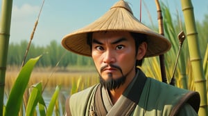 Beside a clear autumn river, a man dressed in ancient Han dynasty robes stands with a bow and arrows. The wind rustles the reeds and cattails, and the man gazes across the water, contemplating his journey. The scene is tranquil, with a hint of melancholy. He wears a traditional bamboo hat and carries a sword at his side. HD