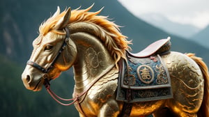 /create prompt:A miniature warhorse adorned with exquisite golden saddles and iron armor, with the ancient Chinese character "龍" (dragon) engraved on the saddle. The horse's mane flows as it stands proud. Captured in a macro shot, highlighting the intricate patterns and the "龍" character on the saddle, with a tilt-shift effect to blur the background mountains. -neg opposite of a plain, undecorated saddle -camera pan left -fps 24 -gs 16 -motion 1 -Consistency with the text: 22 -style: HD movies -ar 16:9
