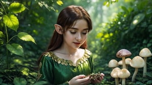 Macro photography scene. The same tiny elf with delicate features, approximately 10 years old, now kneels beside a glowing mushroom, her delicate hands gently touching its cap. She wears a shimmering green dress adorned with intricate gold embroidery and tiny leaf-shaped accessories. Her long, flowing auburn hair falls gracefully around her face. Her eyes are wide with wonder and concentration as she inspects the mushroom closely. The forest background is blurred, focusing on the elf and the mushroom. The camera captures this from a mid-shot, using macro and tilt-shift photography to emphasize the intricate details of her clothing, the mushroom's texture, and her expressions. Super high quality, 8k.