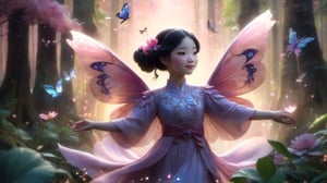 In a whimsical Disney-Pixar-inspired scene, an ancient Chinese girl with a delicate pink Han Dynasty dress floats amidst a lush forest, surrounded by fluttering flowers and towering trees. A kaleidoscope of colorful butterfly wings dance around her, as if infused with magic. Glittering sparks swirl in the air, where tiny butterflies flit about, their iridescent wings shimmering in harmony with the girl's ethereal aura.