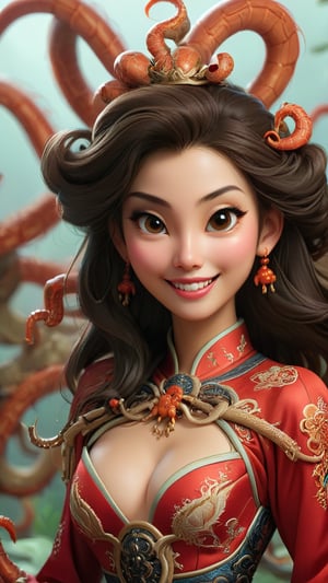 A beautiful woman dressed in magnificent ancient Chinese attire, but she has spider-like legs and tentacles. She wears an alluring smile, but her gaze is chilling. Focus on the facial expression and tentacle details.