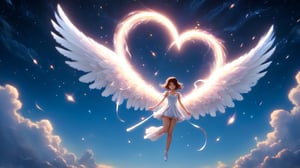 At the edge of memory, the protagonist unfolds mysterious wings, soaring through a space filled with light and love. Symbols of love, like heart-shaped clouds and glowing ribbons, float in the sky. The protagonist wears a white outfit with light patterns, holding a glowing crystal, with wings shimmering in the starlight.