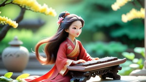 /create prompt: Macro tilt-shift photography, A miniature, An ancient Chinese woman in a flowing red dress with long, flowing hair sits on a stone bench in a palace garden, gently playing the guzheng. Her expression is focused and gentle. The garden is filled with blooming flowers and lush green trees, with a grand palace in the background. Morning sunlight filters through the leaves, softly illuminating her. captured in intricate detail through macro photography. super high quality, 8k, negative prompt: blur, unclear, modern elements. -camera pan left -fps 24 -gs 16 -motion 2 -style: HD movie -ar 16:9 seed:1234567899
