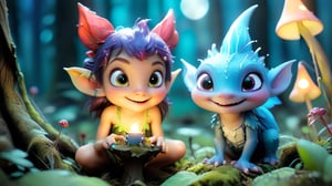 Macro photography scene, focusing on the mischievous grin of a forest sprite. The sprite, a youthful figure with pointed ears and misaligned button eyes, balances on a toadstool taller than herself. Her tiny fingers grip a miniature lantern, its soft glow illuminating her impish expression. Around her, the forest floor teems with miniature creatures, each frozen in their nocturnal pursuits under the veil of twilight.