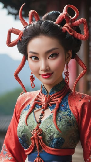 A beautiful woman dressed in magnificent ancient Chinese attire, but she has eight spider-like legs and numerous tentacle-like appendages. She wears an alluring, almost predatory smile, but her piercing gaze is chilling. Focus on the intricate details of her facial expression, the spider legs, and the numerous tentacles.