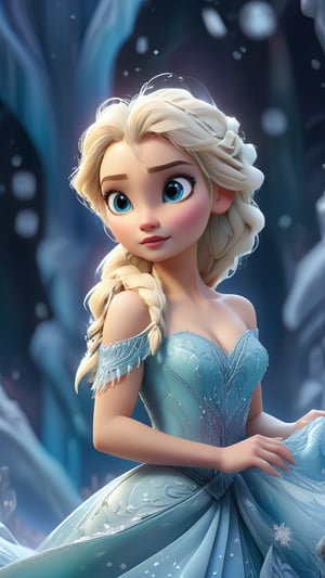 Far Shot:
In the vast, shimmering expanse of an icy landscape, Elsa stands alone at the center of a grand, frozen courtyard. The scene is bathed in the cold, ethereal light of the aurora borealis, casting a magical, multicolored glow across the ice. Snowflakes gently drift from the sky, adding to the wintry enchantment. Elsa, the Snow Queen, dressed in her iconic, shimmering ice-blue gown adorned with intricate, frost-like patterns, begins to perform a captivating song and dance.

Camera Movement:
The camera starts from a high, wide-angle shot, capturing the grand scale of the icy landscape and the grandeur of the scene. As Elsa sings and dances, the camera smoothly moves in a counterclockwise direction, panning across the frozen courtyard. It captures the expanse of the ice, the intricate patterns she creates with her movements, and the enchanting interplay of light and shadow.

Medium Shot:
As the camera continues its counterclockwise motion, it gradually zooms in, capturing a medium shot of Elsa. This perspective highlights her elegant dance steps, the graceful flow of her gown, and her powerful, emotive singing. The background reveals intricate ice sculptures and the sparkling ice palace rising majestically behind her. Her hair, styled in a loose, flowing braid, sways gently with her movements, and her face, illuminated by the aurora's glow, reflects her emotions as she sings.

Close Shot:
The camera continues its smooth, counterclockwise sweep and zooms in further, transitioning to a close-up shot of Elsa. This view captures the intensity and passion in her eyes, the delicate frost patterns forming around her as she moves, and the detailed, shimmering texture of her gown. Her expressive face, highlighted by the magical light, conveys the depth of her song, while her graceful hand movements create intricate ice formations that float gracefully around her.

Camera Angle:
Throughout the sequence, the camera’s counterclockwise rotation provides a dynamic perspective, revealing different angles of Elsa’s performance and the enchanting details of the icy setting. The fluid motion of the camera enhances the sense of magic and wonder, allowing the viewer to fully immerse in Elsa’s captivating performance.

Atmosphere:
The atmosphere is filled with a sense of majestic beauty and enchanting wonder. The soft glow of the aurora, the delicate dance of snowflakes, and the intricate ice patterns Elsa creates with her magic contribute to the scene’s ethereal ambiance. The music swells with her performance, adding to the emotional and magical intensity of the moment.