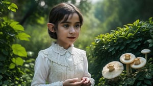 Macro photography scene. The elf, approximately 8 years old, is now depicted from the knees up. She holds a small, glowing orb in her hands, her face illuminated by its soft light. The details of her dress and the texture of the mushrooms around her are captured clearly. The close-up uses macro and tilt-shift photography to emphasize the intricate details of her clothing, the magic in the field, and the wonder in her expressions, creating a rich, captivating scene. Super high quality, 8k. Negative prompt: blur, unclear, complex.